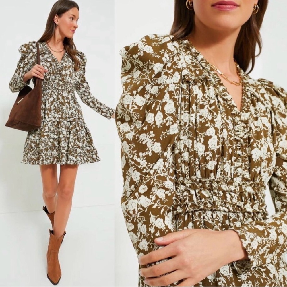 NEW Hyacinth House Renee Mini Dress Size XL Ruffled Olive Floral Fit Puff Sleeve